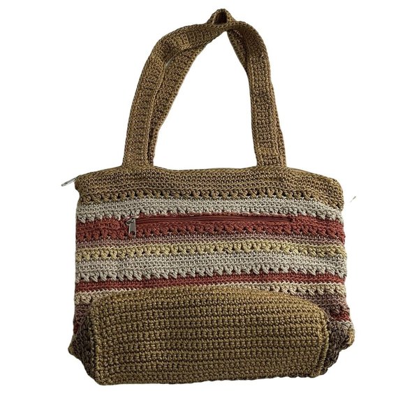 The Sak Handbags - The Sak Riviera Hand Crochet Tote Handbag Purse Zip Top Front Pocket Blue Orange